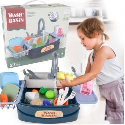 Žaislinė virtuvės kriauklė su indais ir bėgančiu vandeniu WASH Blue